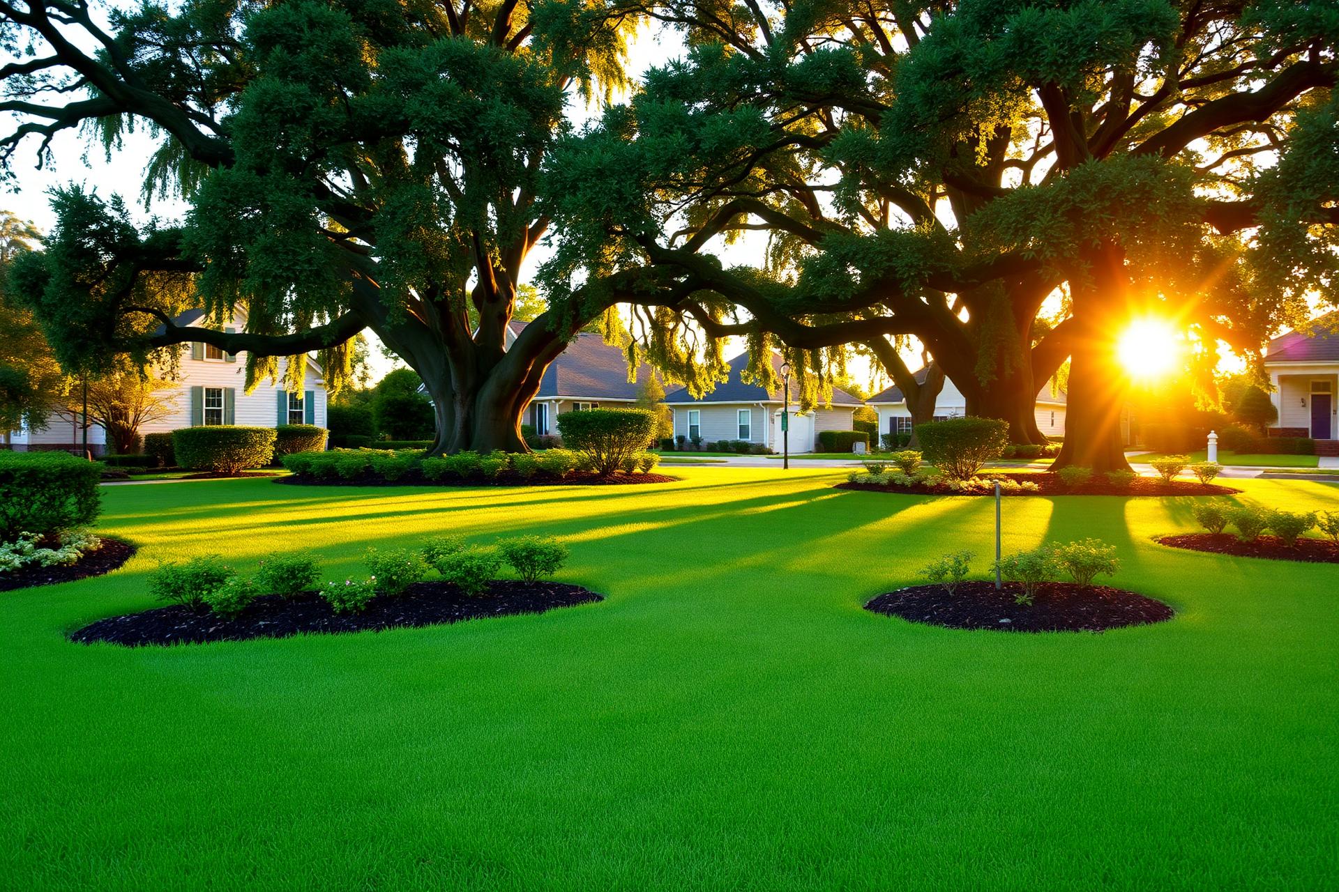 Manicured lawn with oak trees at golden hour