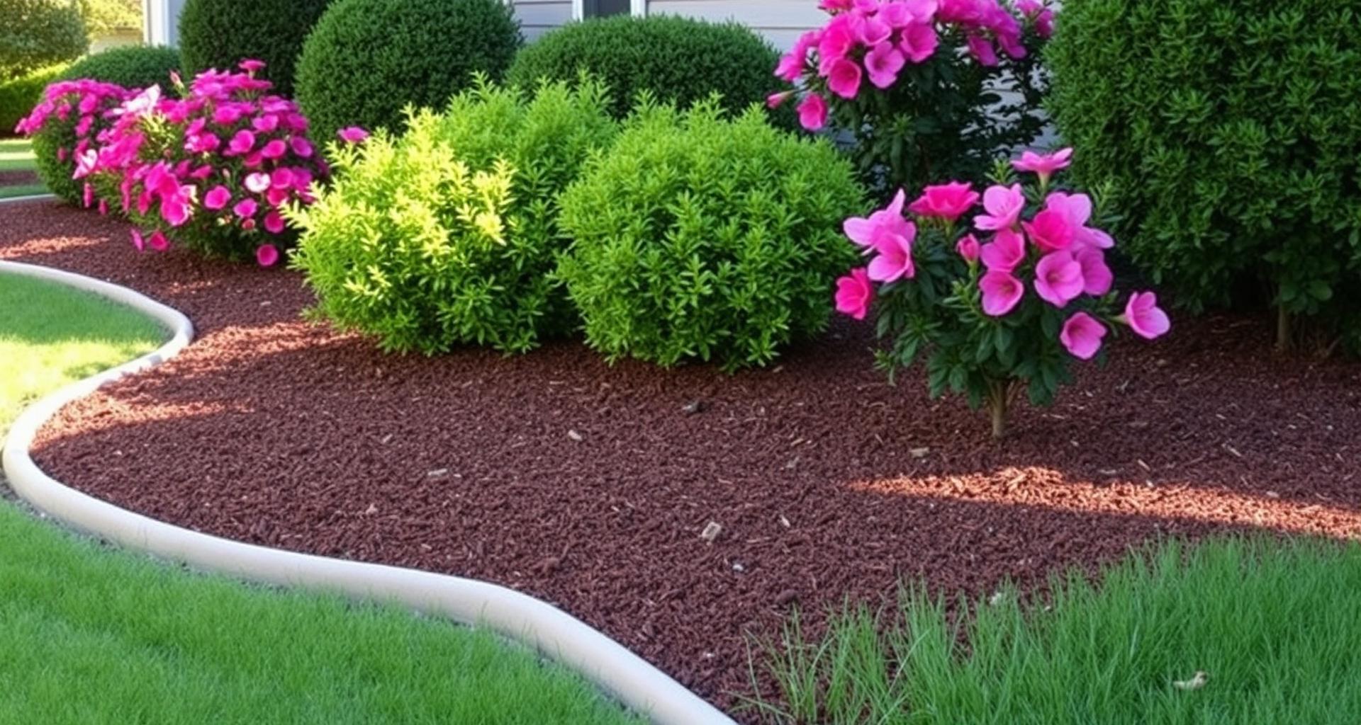 Freshly mulched garden beds with clean edging and blooming shrubs